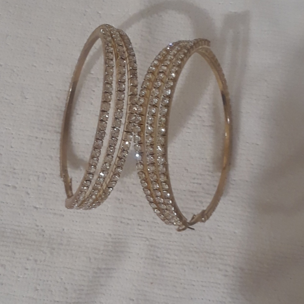 Goldtone 3 Row Diamond Accented Hoop Earrings